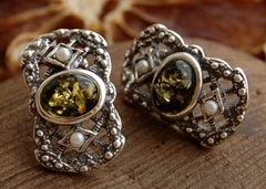 LORENA - srebrne kolczyki z bursztynem i perłami
