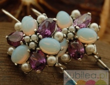 PAWIE OKO - srebrne kolczyki perły ametysty opale