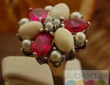 ADRIANO - srebrny pierścień rubiny, perły i bursztyny
