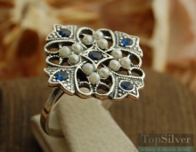 PANAMA - srebrny pierścionek z szafirami i perłami