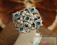 BIZZ - srebrny pierścionek perły i szmaragdy